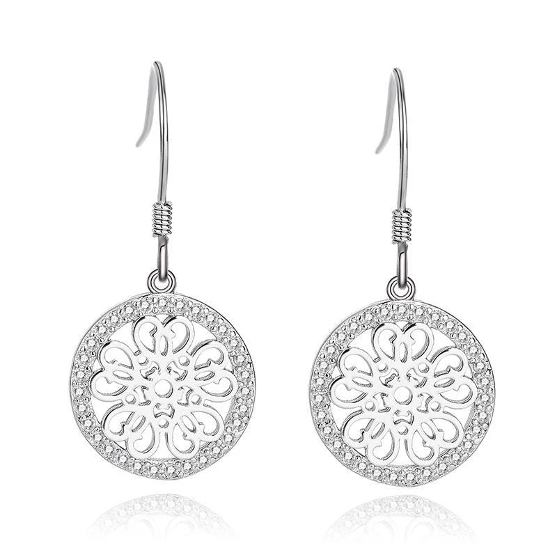 925 Sterling Silver Fashion Round Disc Flower Stud Earrings Hollow Out Design Fine Jewelry