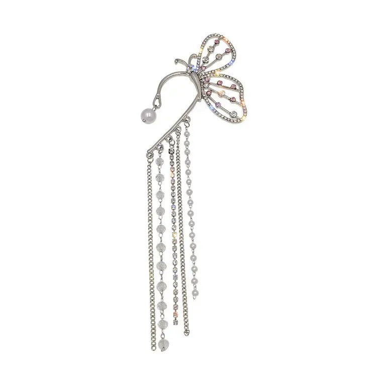 SC Hot Selling Fairy Long Pearl Tassel Ear Cuffs Clip on Earrings Korean Bling Crystal Pearl Butterfly Ear Cuff Earrings Women