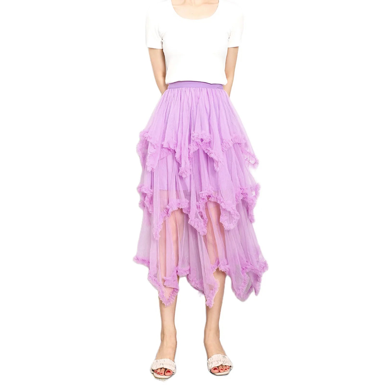 Women OEM ODM Fashion Summer New Style High Waist  Irregular Ruffle A-line Puffy Mesh Mid-Length Party Skirt
