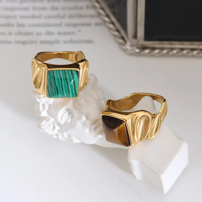 Fashion Gold Plated Stainless Steel Rectangle Agate Finger Rings Titanium Steel Irregular Shell Ring for Women