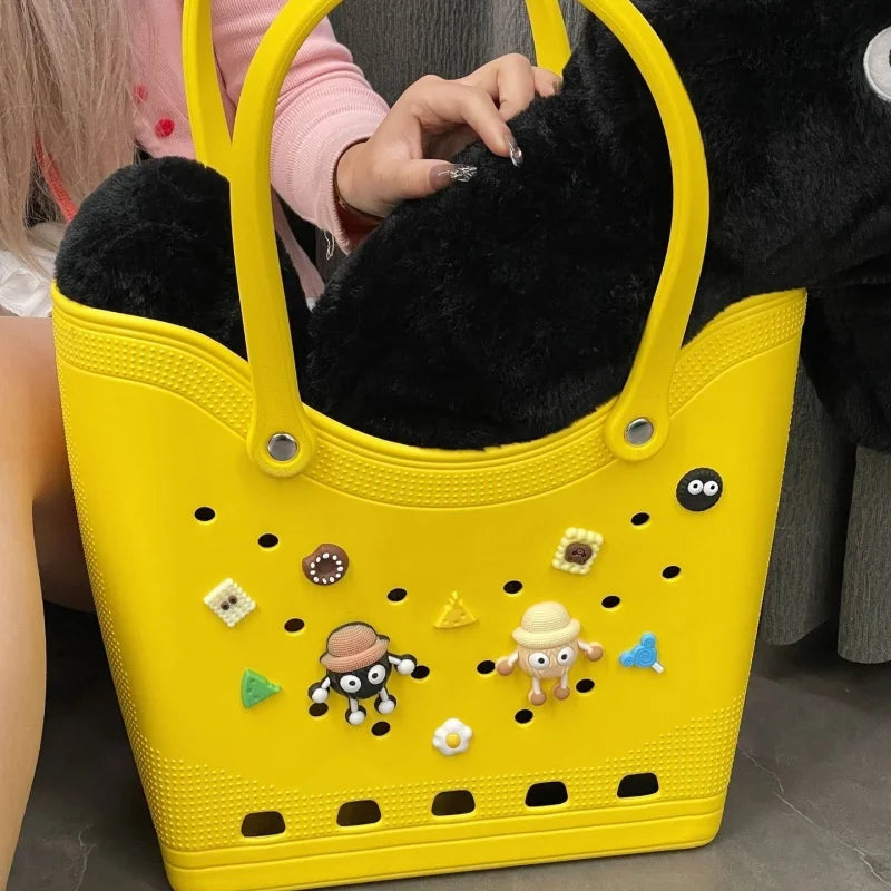 Wholesale Women's Stylish High Quality EVA Tote Beach Bag Waterproof Candy Color with Embroidery Flower Decoration Open Closure