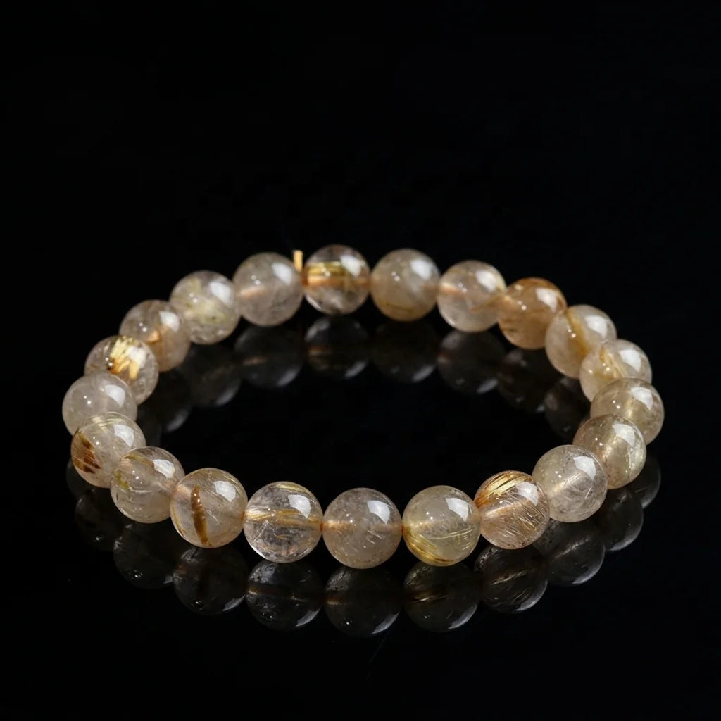 Round Beads Elastic Stretchable Bracelet Rutilated Quartz Crystal Genuine Natural for Men Women 8mm Golden Ball Gemstone Beads -