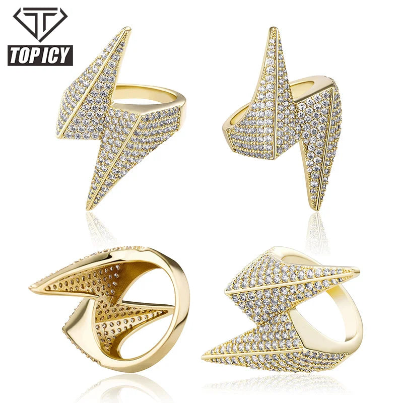 New Design Luxury Gold Iced Out Cubic Zircon Hip Pop Full Diamond lightning Finger Rings