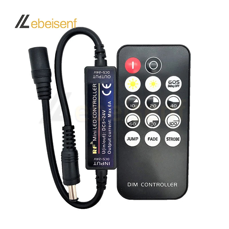 14-Key Mini LED Controller-DC 5-24V 6A PWM Dimmer RF Remote Male/Female Plug Single Color LED 5050 Strip Lights 144W Max Load