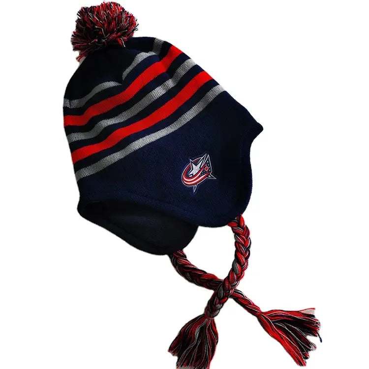 Good Quality 100% Acrylic Fashion Beanie With Pom Pom Sport Knitted Hat Custom Winter Knitted Beanie Kids Double Flap Ear Cap
