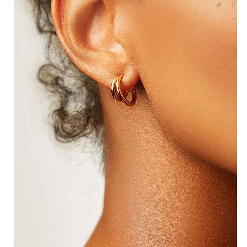 Women Simple Small Stainless Steel One Big One Small Circles Hoop Stub Ear Jewelry Earrings