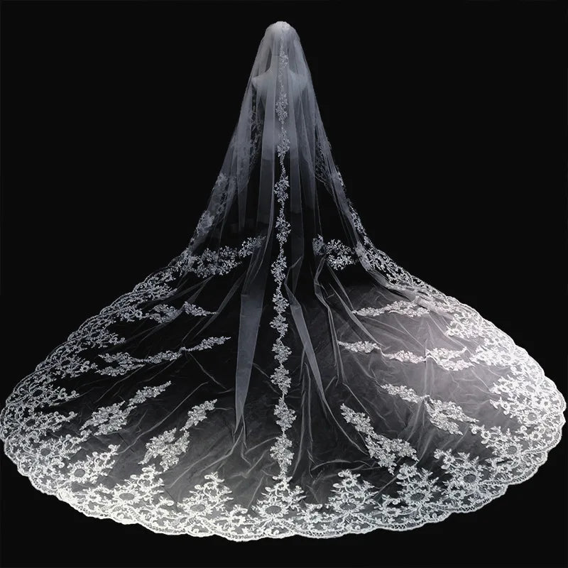 Bride Wedding Main Wedding Veil Car Bone Lace Super Bright Single Layer Long Big Tail Wedding Veil New Embroidery Bridal Veil