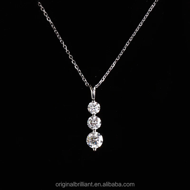 Wedding Gift Three Stone Necklace Lab Grown Diamond Pendant 18K White Gold on Sale
