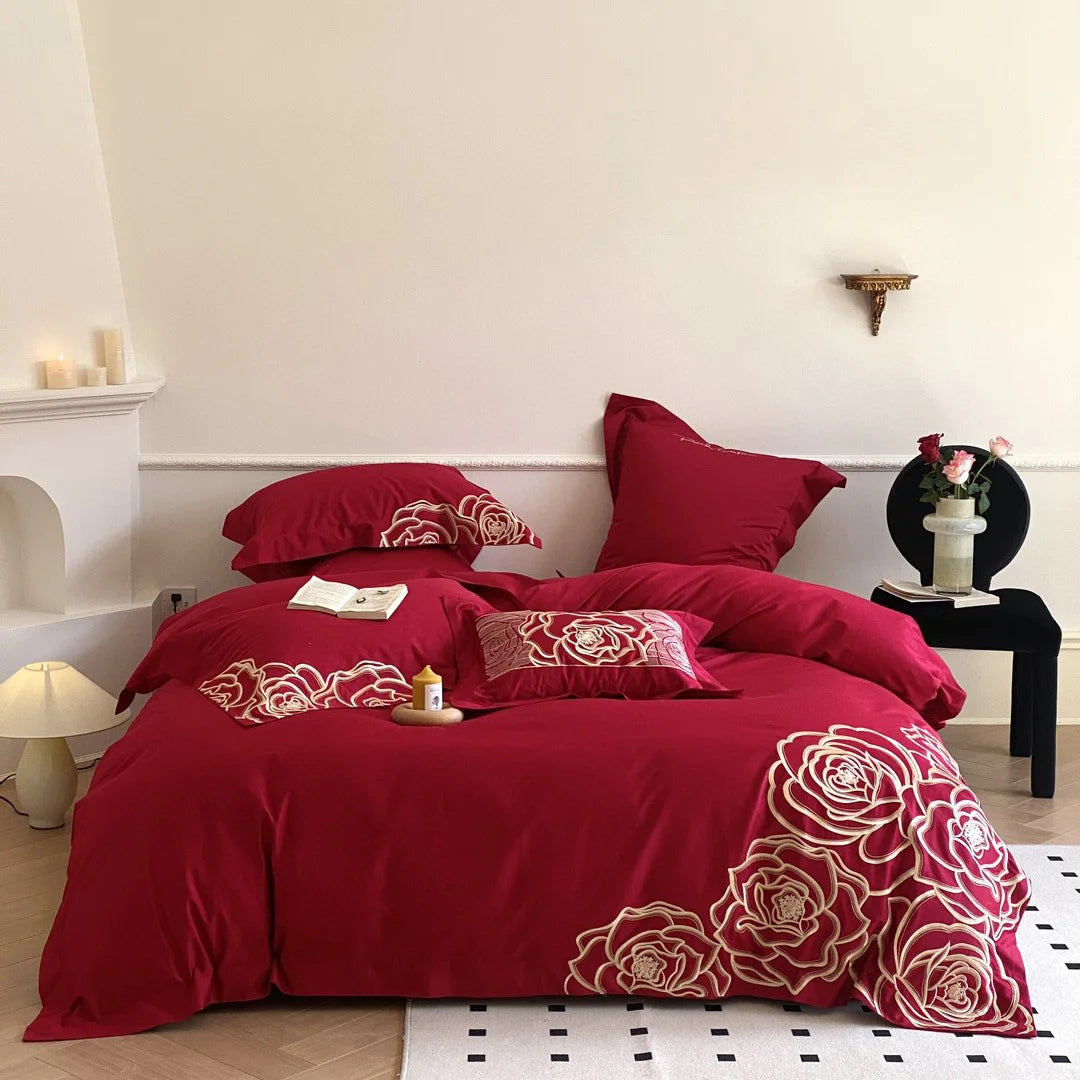 100%cotton Red Rose Embroidery Duvet Cover king Size pink Girl Pillow Cover Home Textile Bedding Sets Wholesaler