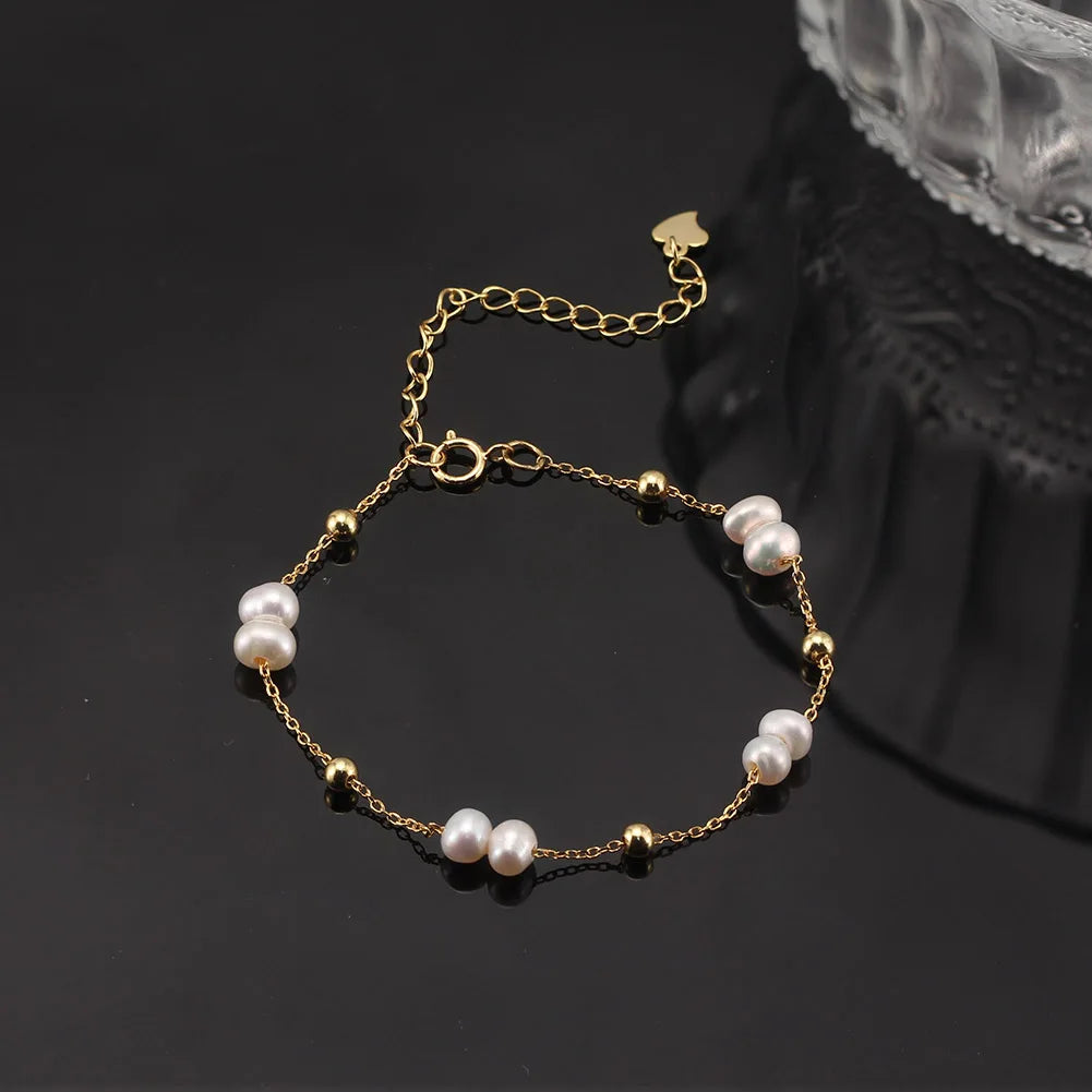 RINNTIN GPB40 Korean Bracelet 14K Gold Plated Beads with Freshwater Pearl Adjustable Link Chain Pearl Bracelets for Women