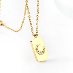 Elegant Waterproof Jewelry 18K Gold Plated Stainless Steel Customizable logo Engrave Moon Zircon Pendant Necklace for Women