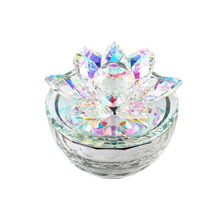 AB Coating Diamond Glass Dish Crystal Jewelry Trinket Boxes with Lotus Lid MH-QT0465