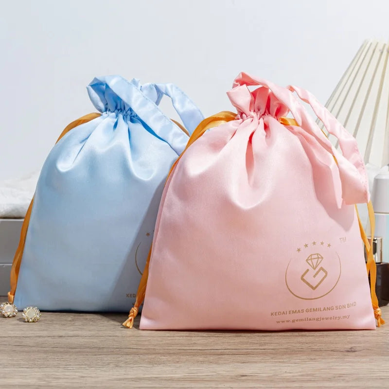 Custom Logo Printing Shiny Satin Dust Gift HandBag Drawstring Bag Hair Gift Packing Silk Pouch