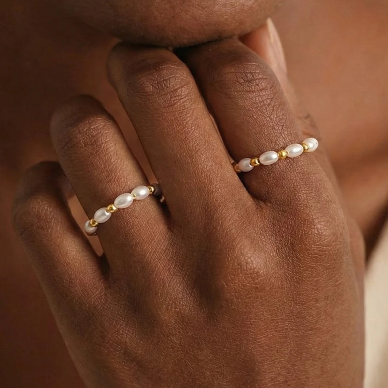Wholesale Non Tarnish Waterproof Fashion Jewelry Rings 18K Gold Plated Stainless Steel Bead and Pearl Beaded Rings for Women