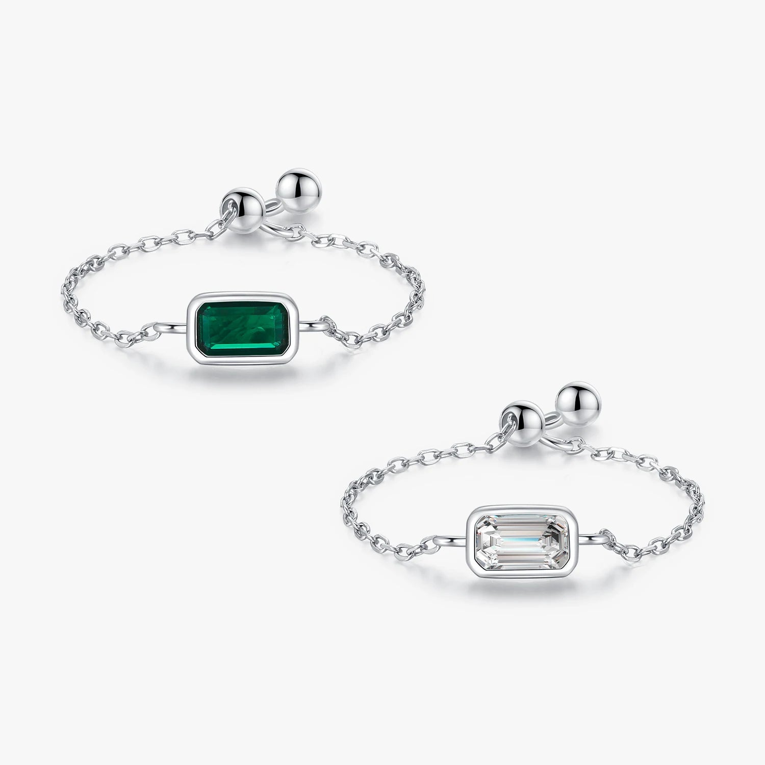 925 Sterling Silver Fine Jewelry Small Delicate High-end Emerald Cut Cubic Zirconia Adjustable Link Chain Rings for Women