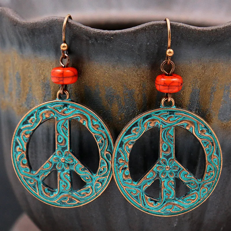 Wholesale Baroque Style Antique Bronze Plated Paint Flower Vintage Peace Sign Earrings Jewelry for Women Ladies