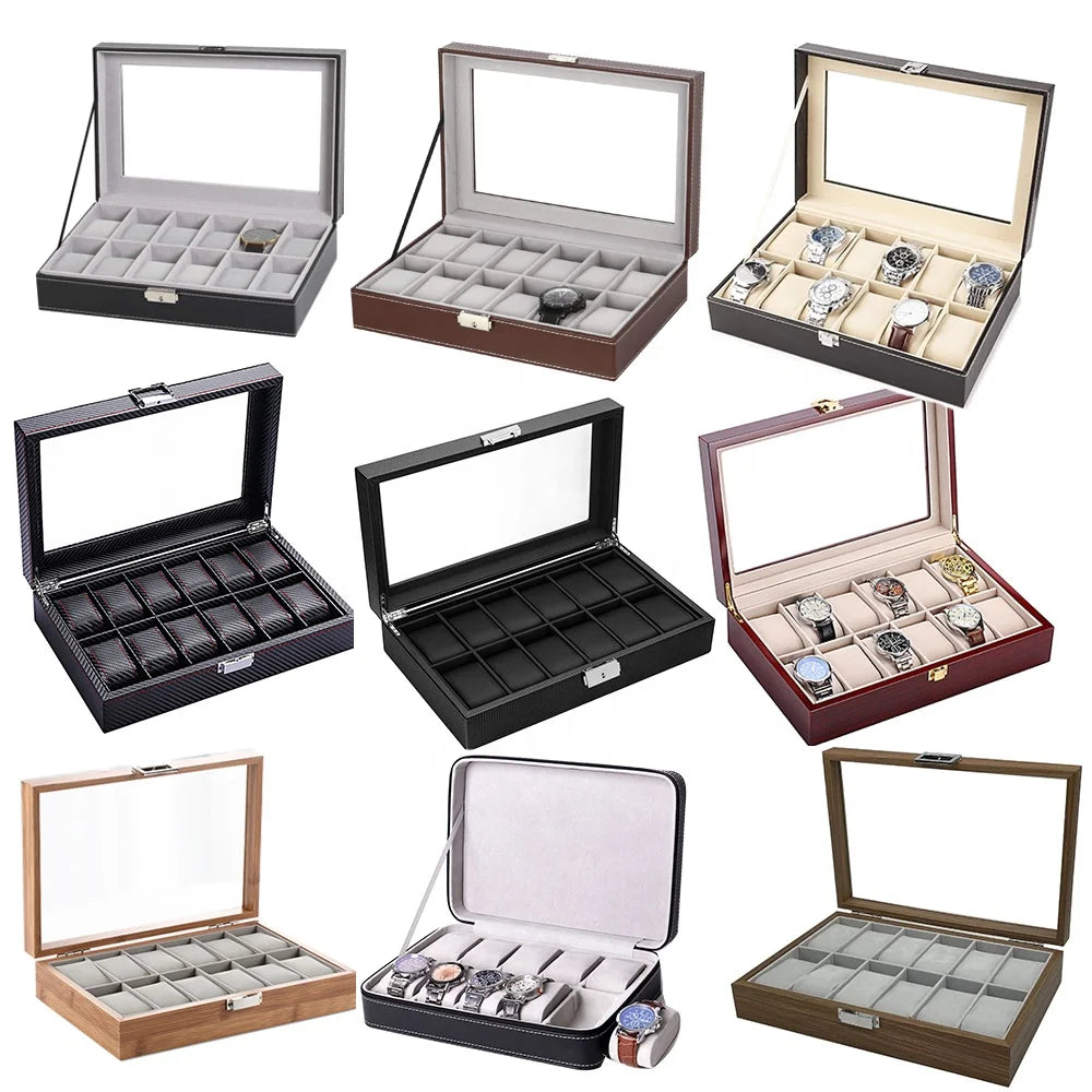 Luxury Other Material Rectangle 12 Watch Box Organizer Premium Display Case with Glass Window and Recycled Materials