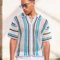 Custom Design logo Men Crochet T-shirt Short Sleeve Mesh Knitwear Summer Beach Oversized Boxy Open Knit Stripe Shirt