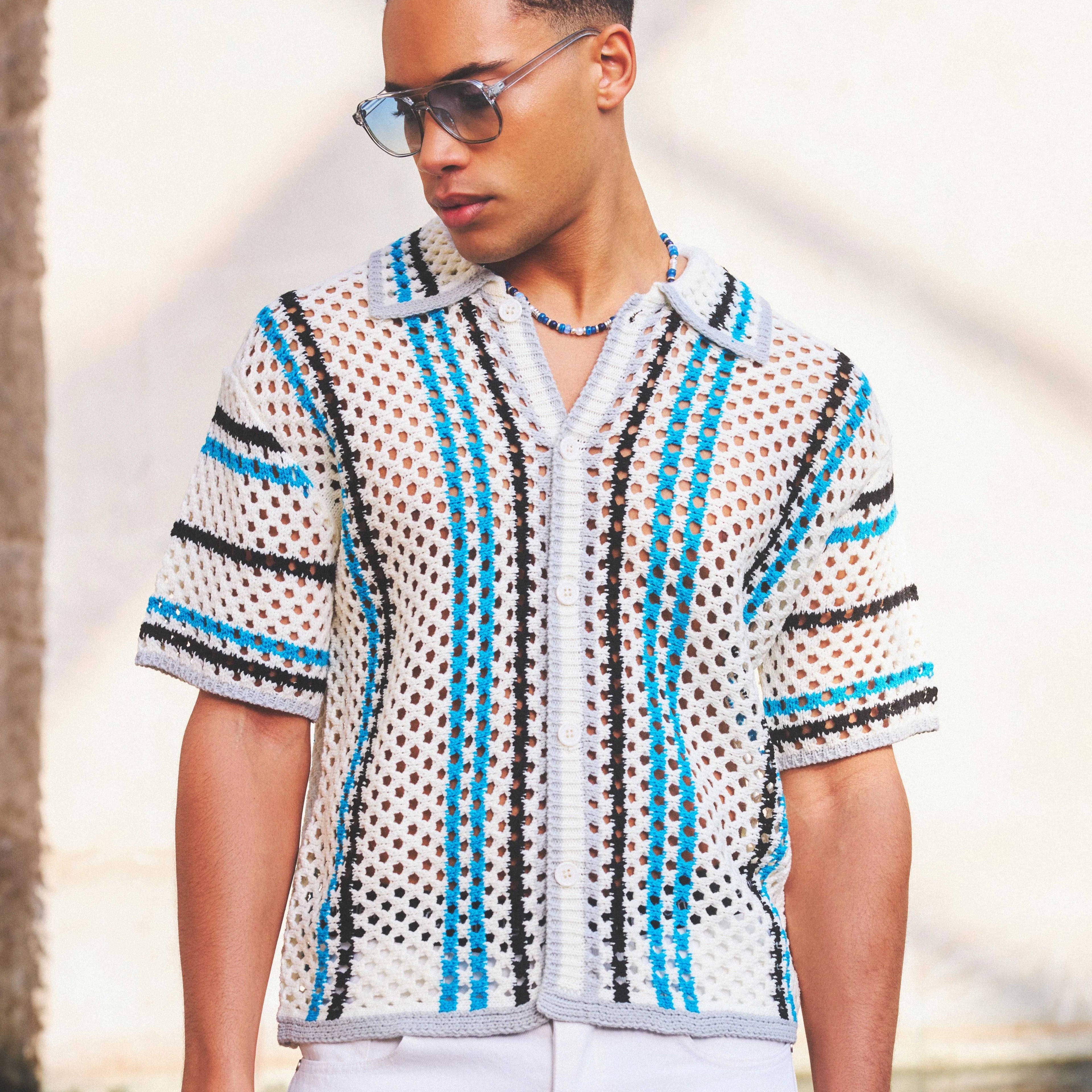 Custom Design logo Men Crochet T-shirt Short Sleeve Mesh Knitwear Summer Beach Oversized Boxy Open Knit Stripe Shirt