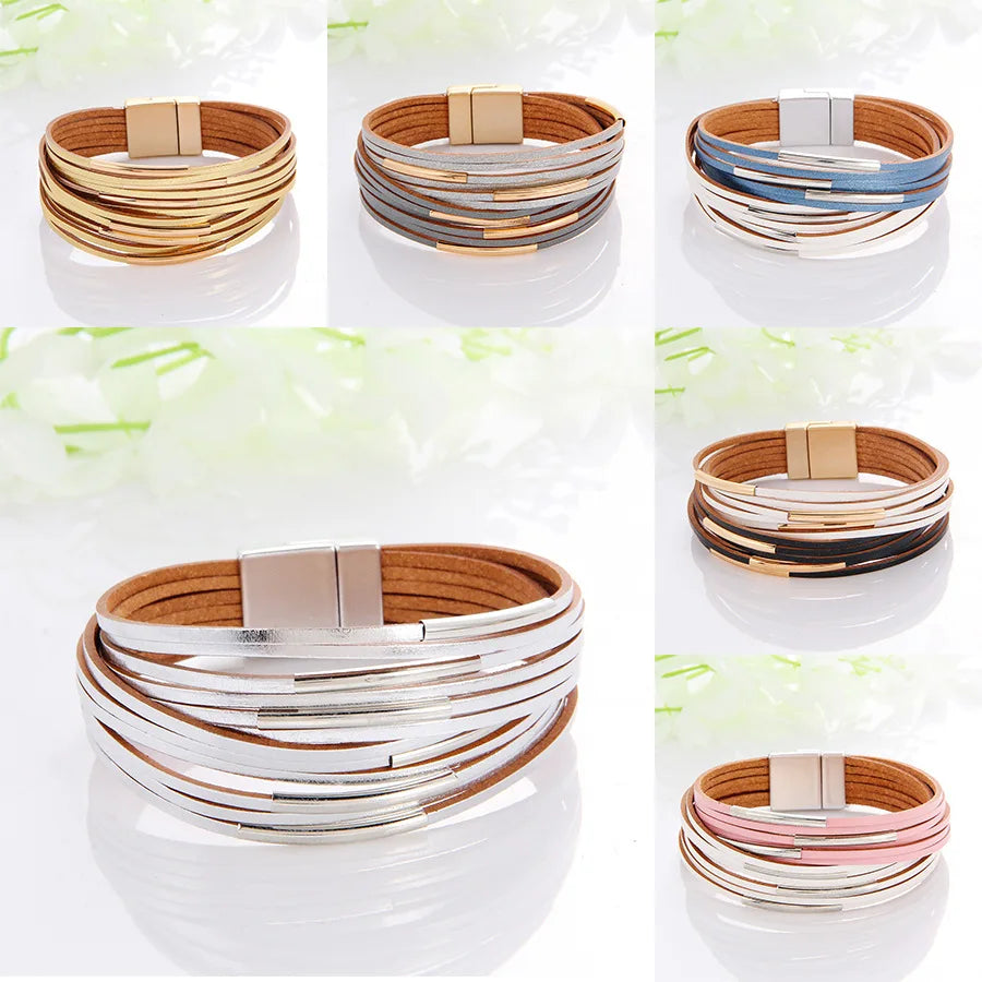 Hot Double Color Bracelet Cross Multi-layer Thin Bracelet Wide Edge Magnetic Buckle Leather Bracelet