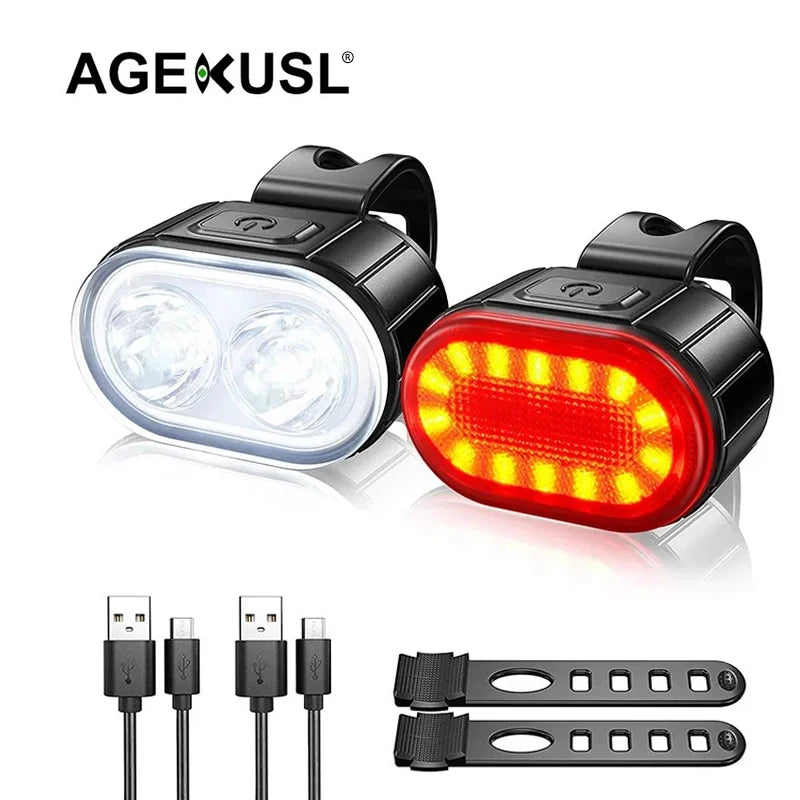 AGEKUSL USB Rechargeable LED Bicycle Lights Front Rear Lamp Taillight Lantern Bike Flashlight Battery Power Mounts for Handlebar