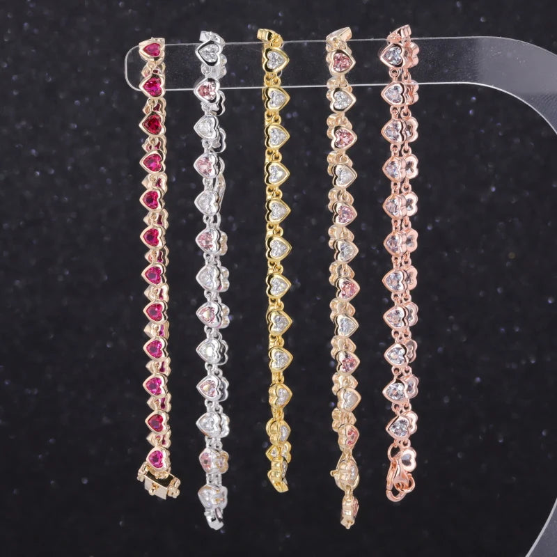 Starsgem Hot Sale Fashion Heart Shape Stone Bracelet Moissanite Color Gemstone Gold Tennis Chain