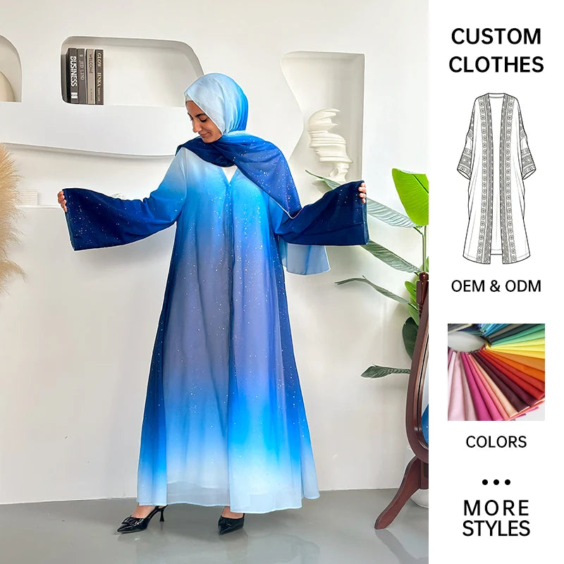 Habib Islamic Clothing Chiffon 3 Piece Open Abaya Hijab Set Wholesale Stock Gradient Glitter Abaya Dress