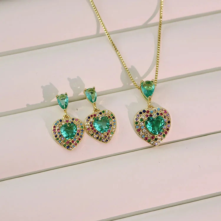 S11182 18k Gold Plated CZ Cubic Zirconia Solitaire Heart Dangling Charm Necklace Huggie Earring Women Accessories Jewelry Sets