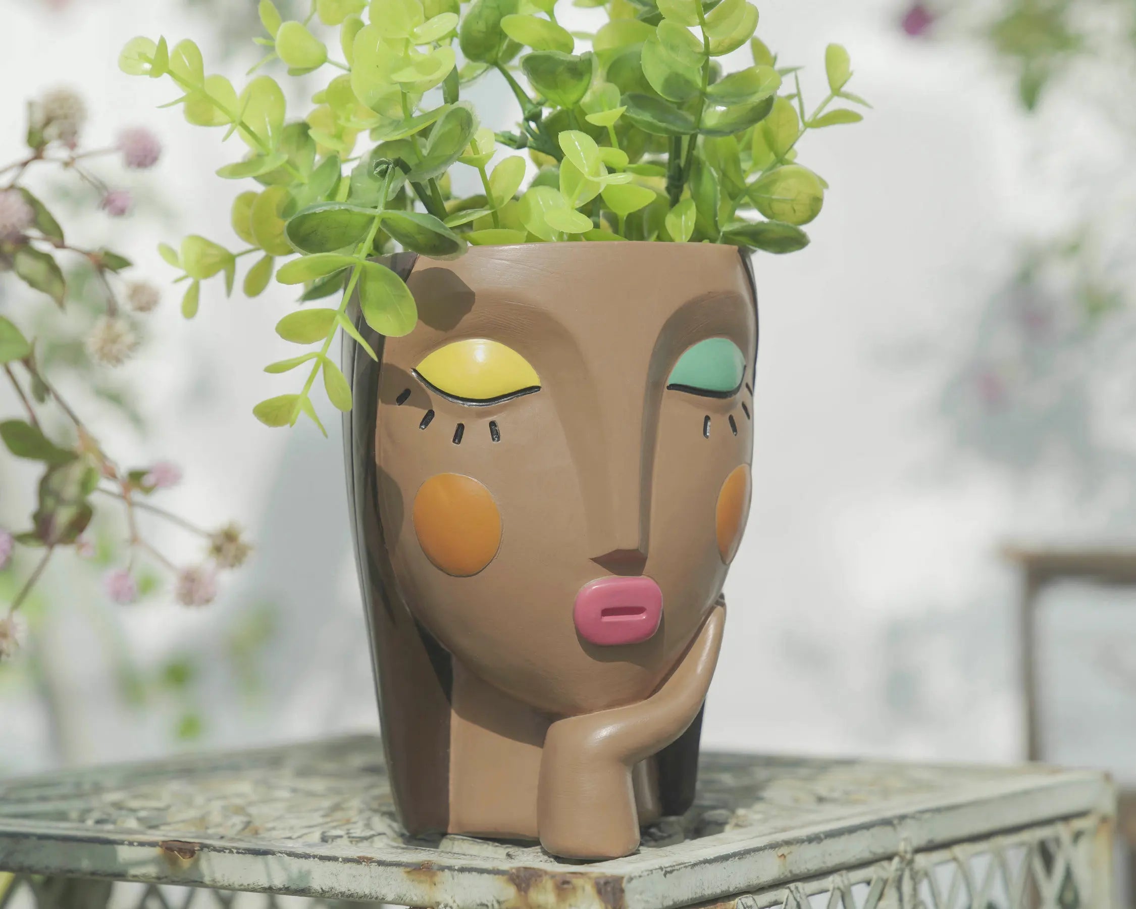 New Design Succulent Face Head Planter Statue Decoration Resin Girl Face Flower Pots Home Garden with Drainage Hole