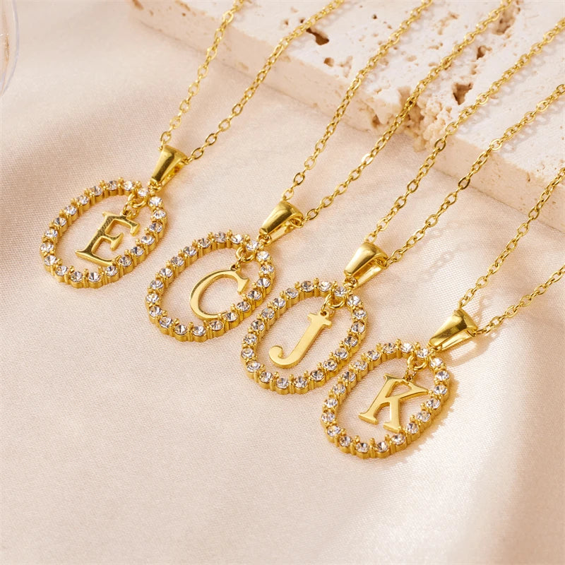 Personality 18K Gold Plated Stainless Steel Chain Quality Ice Out Hip Pop Zircon Setting 26 Initial Letter Pendant Necklaces