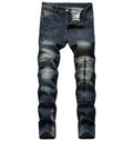 Men Skinny Jeans Ripped Patchwork Stretch Denim Pants Knee Zipper Hip-hop Blue Print Jogging Pencil Pants