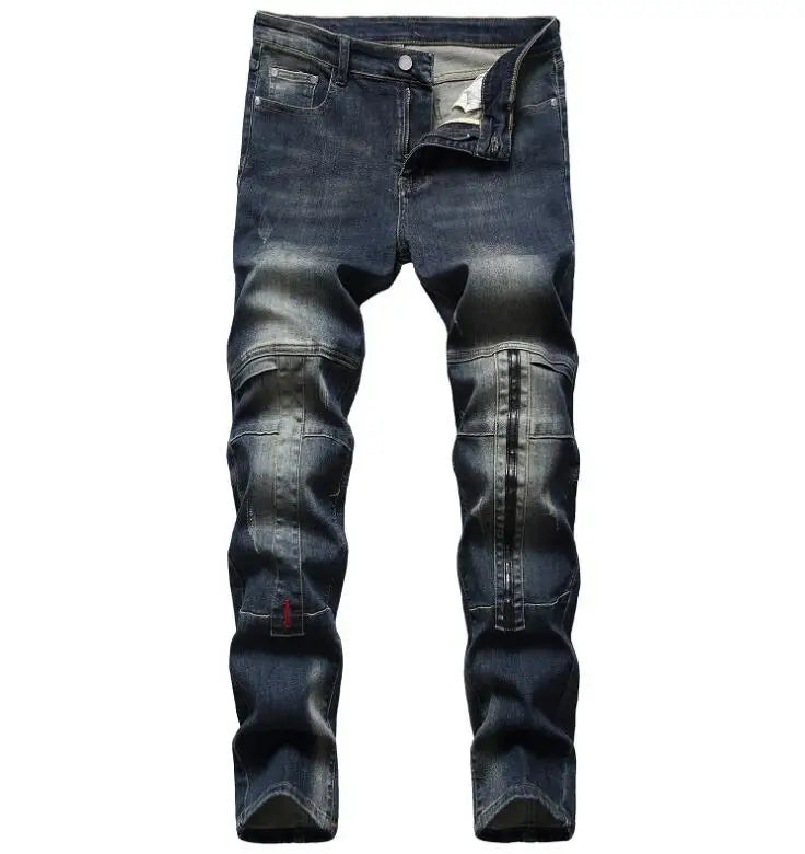 Men Skinny Jeans Ripped Patchwork Stretch Denim Pants Knee Zipper Hip-hop Blue Print Jogging Pencil Pants