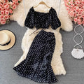 One Size Sweet Floral Bubble Sleeved Short Top Seaside Vacation Set High Waist Wrap Buttocks Ruffled Fish Tail Skirt Summer