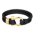 Trendy Horseshoe Clasp Leather Wrap Bracelet for Men Boys Gold Black Clasp Double Layered Braided Black Leather Rope Bracelet