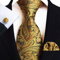 Golden Luxury Mens Tie Set Paisley Necktie Pocket Square Cufflinks Suits for Mens Shirt Business Hanky Wedding Party Gift Sets