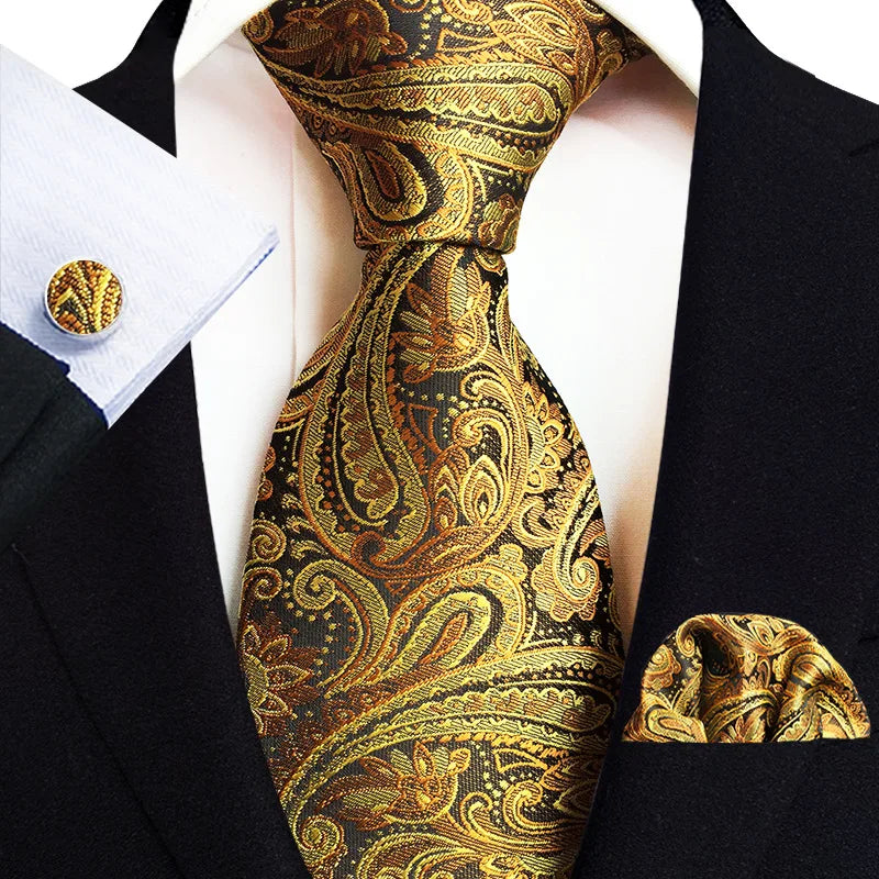 Golden Luxury Mens Tie Set Paisley Necktie Pocket Square Cufflinks Suits for Mens Shirt Business Hanky Wedding Party Gift Sets