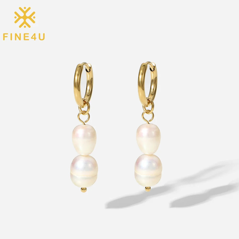 New Trendy Fashion Women Stainless Steel Gold Plated Natural Freshwater Pearls Dangle Earring