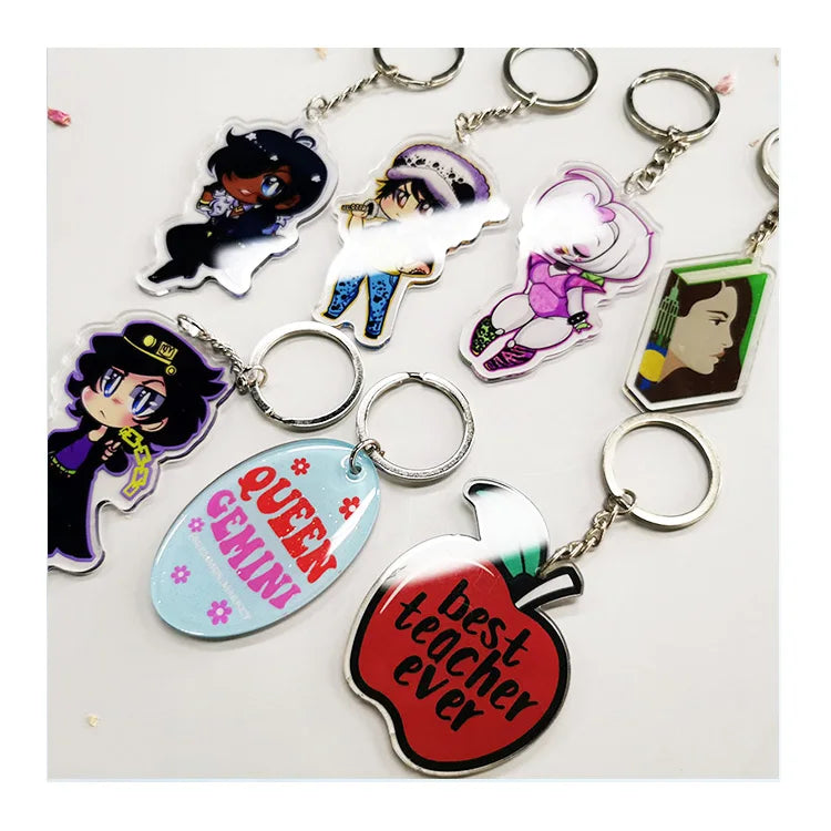 Custom No-Minimum Die-Cut Acrylic Keychain Cheap Free Logo Design Metal Plastic Anime Cartoon Style Key Holder Alloy Material