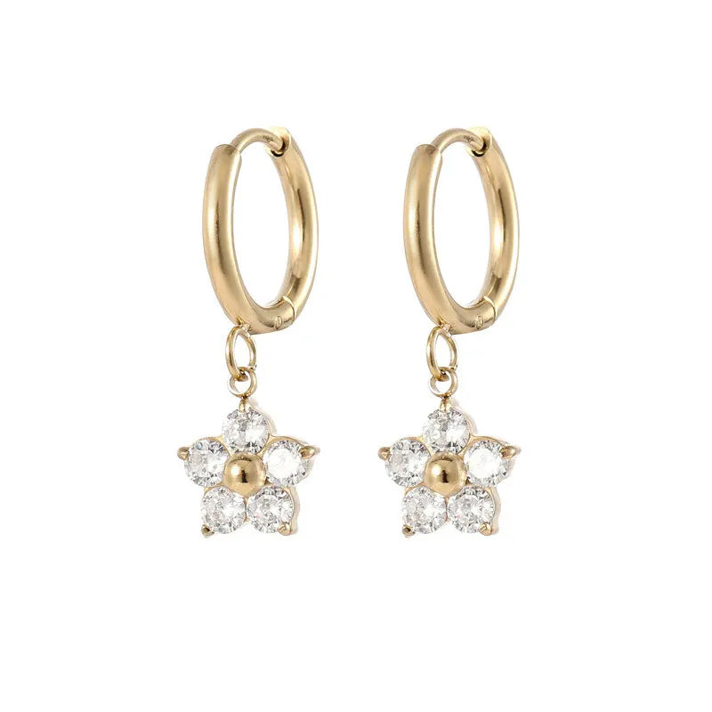 RisingMoon Dainty Earrings 14K Gold Plated 316L Stainless Steel 5A Cubic Zirconia Lightweight Drop Dangle Huggie Earrings Women