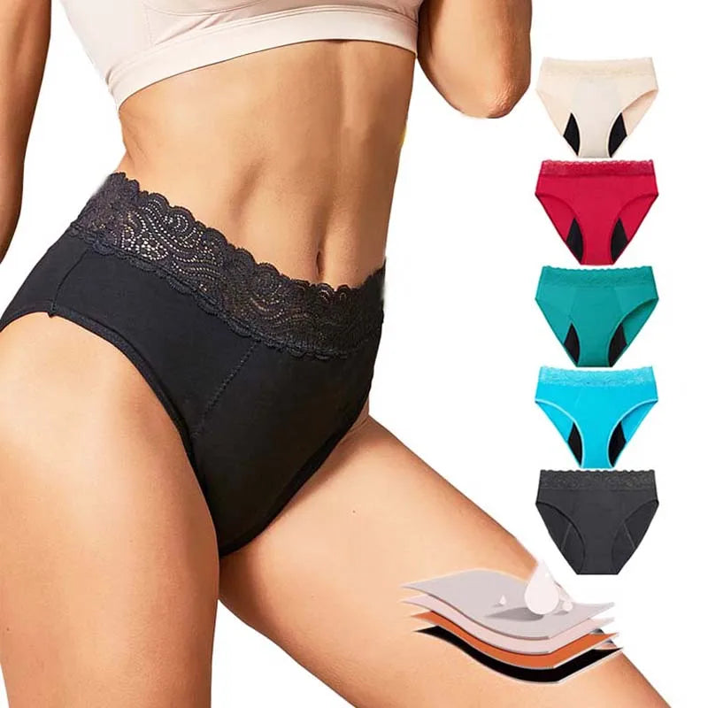 4 Layers Heavy Menstrual Period Lace High Waist Cotton Period Panties for Women Reusable Menstrual Panties