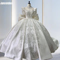 Jancember XS023 Elegant Bow Satin Puff Sleeve Ball Gown Wedding Dresses for Women