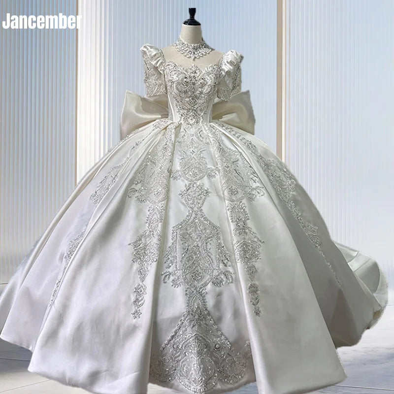 Jancember XS023 Elegant Bow Satin Puff Sleeve Ball Gown Wedding Dresses for Women