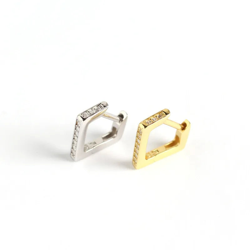 925 Sterling Silver Women's Geometric Rectangle Crystal Earrings Small Hoops with CZ Pave Square Minimalist Jewelry