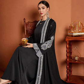 Cross Border Middle East Dubai Fashion Printed Diamond Robe Muslim Women Jalabiya Open Abaya Kaftan Maxi Dress
