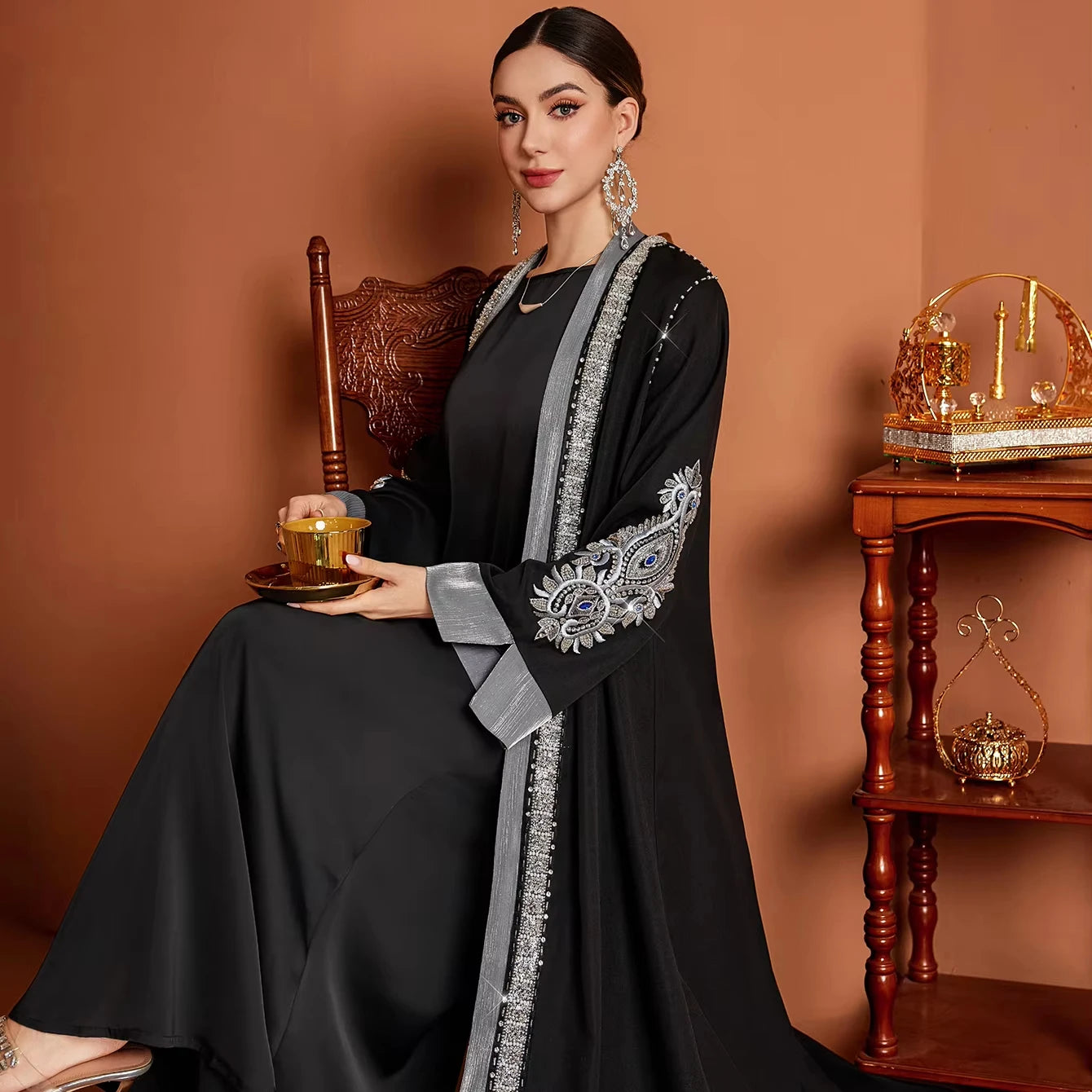 Cross Border Middle East Dubai Fashion Printed Diamond Robe Muslim Women Jalabiya Open Abaya Kaftan Maxi Dress