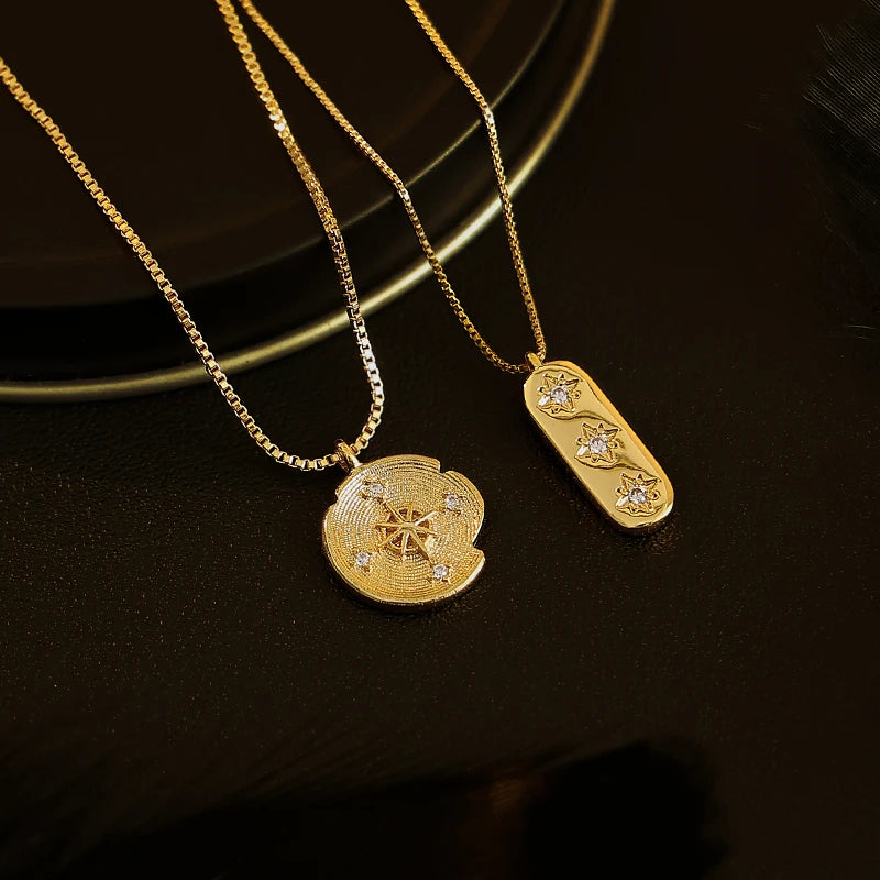 New Arrival Golden Necklace Zircon Inlaid Octagonal Star INS Trendy Round Pendant Necklace for Women