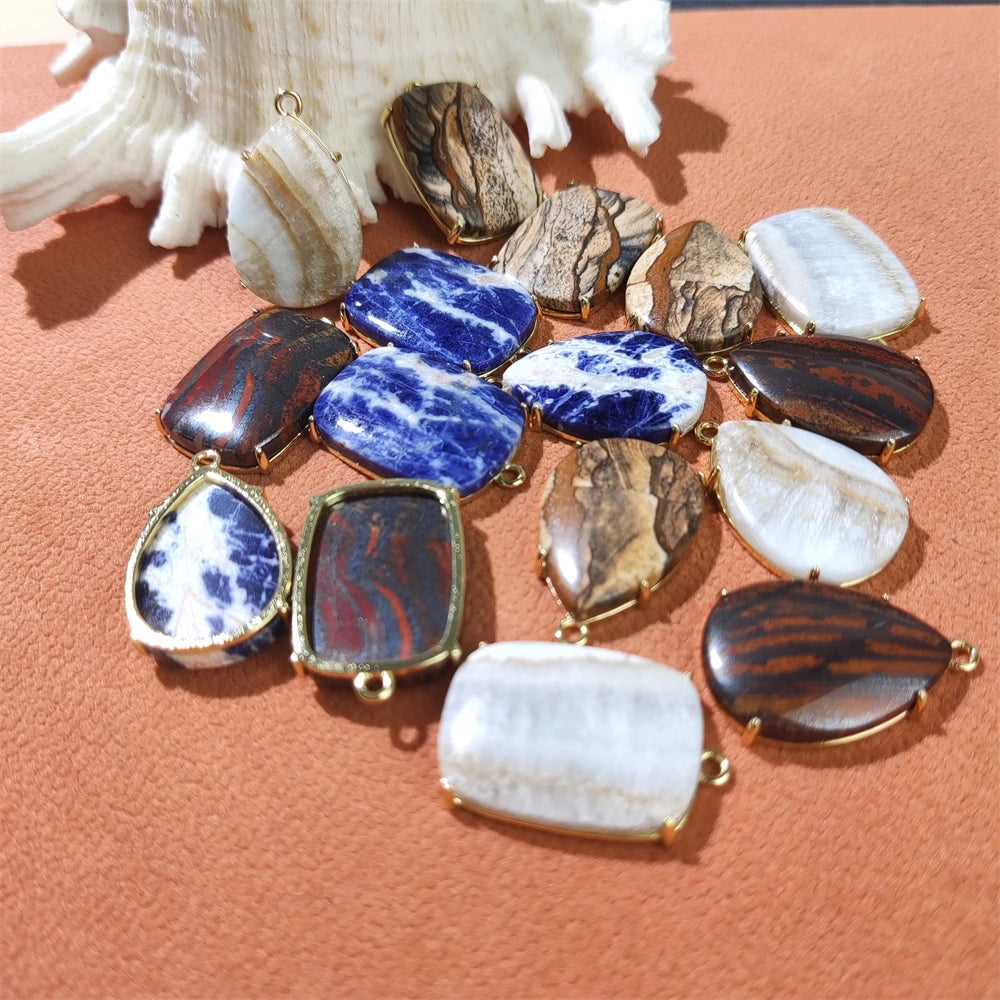 Best Selling Natural Gemstone Pair Mixed Crystal Geometric Shaped Pendants Cheap Price jasper Pendants Pircture jasper Charms