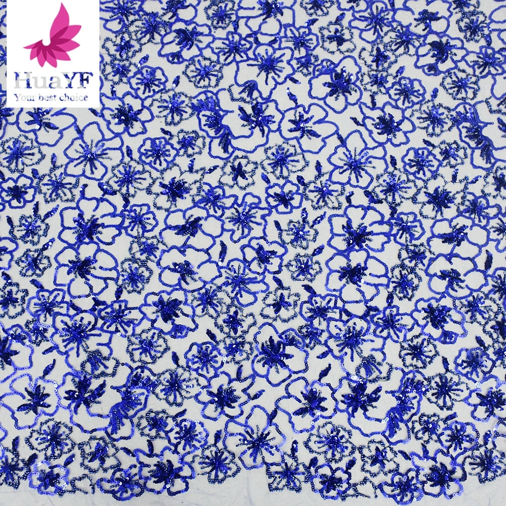 HY2129 Royal Blue Flower Sequins Beaded  Bridal French Lace Wholesale Price Laces Fabrics Bulk Lace Fabric