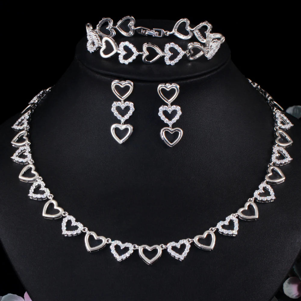 Wedding Jewelry Set Cubic Zirconia Love Heart Shaped 3 Pcs Necklace Bracelet and Earrings for Women Bridesmaid Party Costume