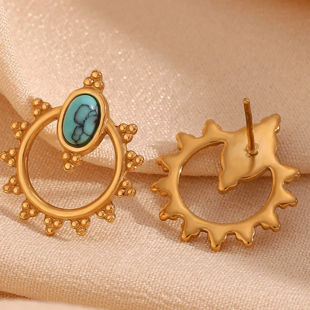 Dreamshow Boho Turquoise Earring Hollow Flower Stud Earring Gold Plated Fine Jewelry Earrings Stainless Steel Wholesale
